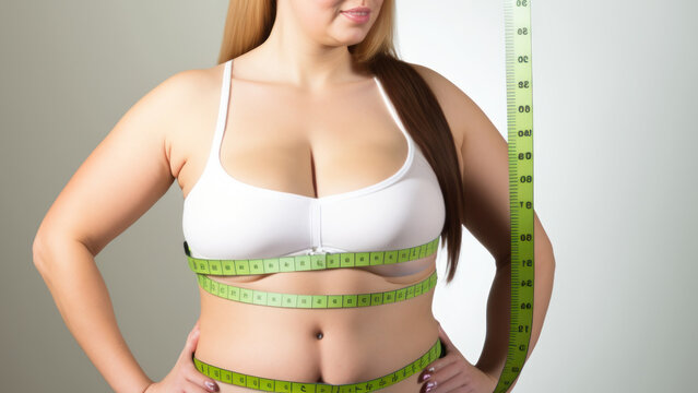 Young lady measures her waist with a tape measure. Diet session for well-being, eat healthy. (Generative AI)