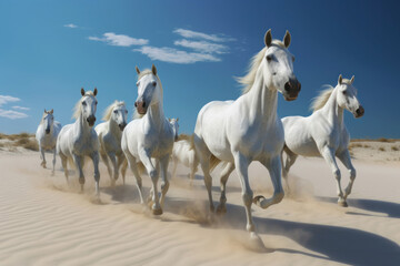 Naklejka na ściany i meble Small herd of free white arabian horses running on loose sand in the desert against a blue sky with little clouds. Generative AI.