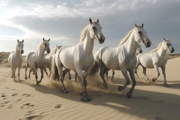 Fototapeta na wymiar Herd of free wild white horses running on loose sand in the desert against a cloudy overcast sky. Generative AI.