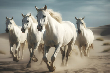 Obraz na płótnie Canvas Small herd of free wild white horses running on loose sand in the desert against a cloudy overcast sky. Generative AI.