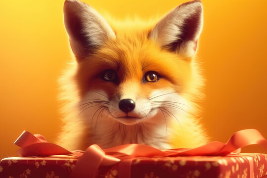 Fabulous fox with a red gift box with a bow. Happy cute fox baby on an isolated yellow background. Fairy tale. Generative AI.