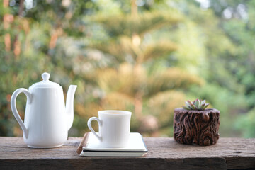 Ceramic tea pot and tea cup with cactus mini pot