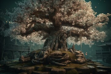 A powerful Yggdrasil depicted as a cherry blossom tree. Generative AI