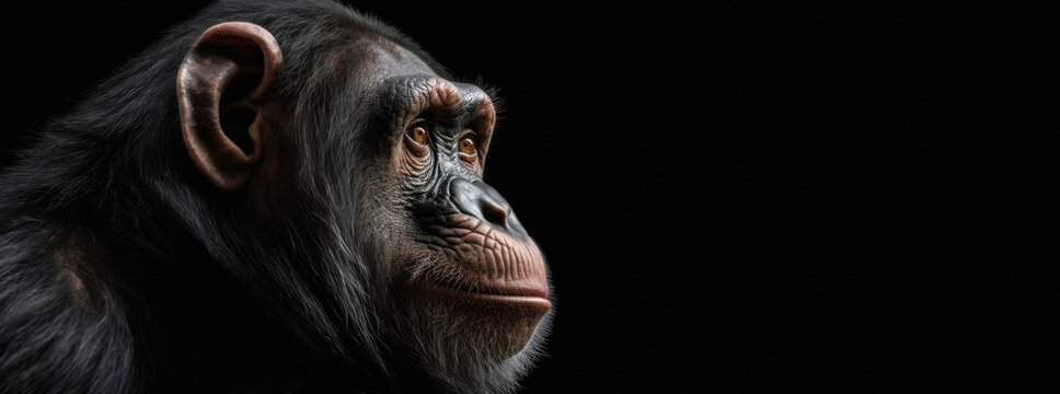 The head of a chimpanzee monkey in profile close-up. Panoramic image of the head of a wild animal on the background of a black isolated banner. Generative AI.
