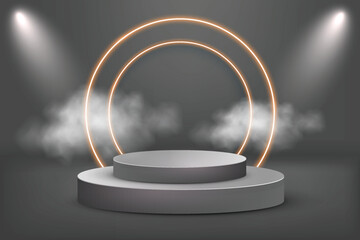 Black and Gold geometric pedestal podium with luxury golden pillar and circle backdrop. Vector abstract studio room with 3D platform. Minimal scene for cosmetic products. with clouds