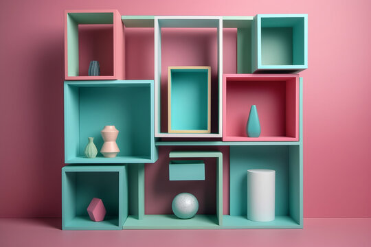 Creative interior. A set of graphic shelves and frames on a pink wall background. Designer solution.   Generative AI