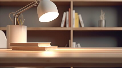 Copy space is empty, and there are books, eyeglasses decor, a plant, and a table lamp in the foreground, with blurred bookcases in the background.The Generative AI