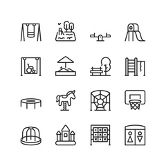 Playground, linear icons set. Place for children to play and develop. Rides and equipment. Park games and activities. Swing, slide, for the disabled, sandbox, park, toilet, etc. Editable stroke width