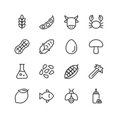 Allergen in food, linear icons set. Avoid foods that cause allergies. Most common allergens. To warn people with food allergies. Gluten, soy, milk, shellfish, peanuts, citrus. Editable stroke width - obrazy, fototapety, plakaty