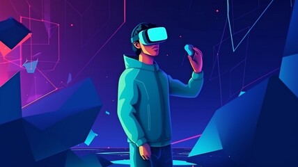 Man wearing a virtual reality headset and playing an augmented reality game in the metaverse of the digital cyber world.The Generative AI