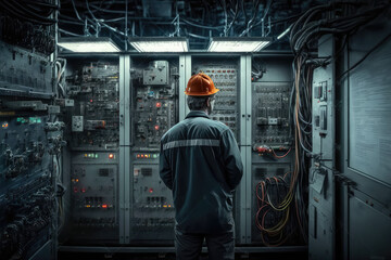Obraz na płótnie Canvas Electrical engineer working front control panel