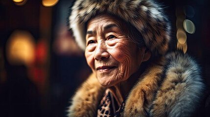 An elderly asian woman wearing a fur hat and fur coat, generative ai