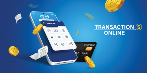 Payment via mobile phone.Mobile payment applications.trasaction online.
Mobile phone with payment application And there's a credit card next to it. Surrounded by coins.concept design,vector 3d.