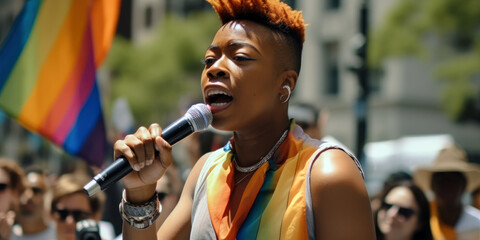 LGBT activist with a microphone sings into a crowd, generative ai