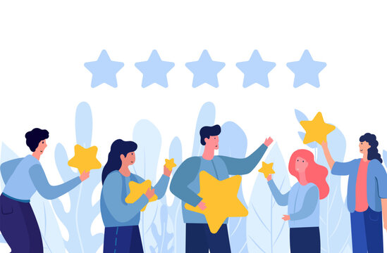 The people characters giving five star feedback represent the importance of customer satisfaction and the role it plays in the success of a business. Reviews stars with good and bad rate. Vector.