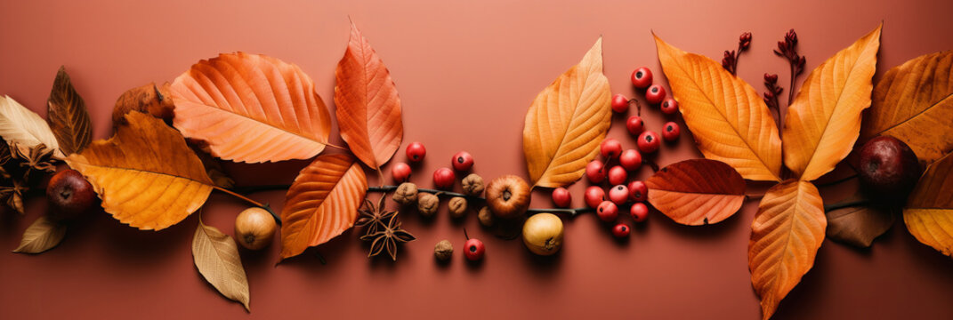 Bright and on-trend photography, fall themed background, ideal for brochure header, social media, blog or website. copy space. made with ai