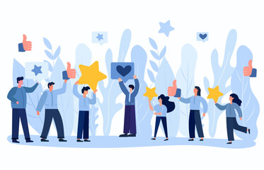 Illustration of people characters giving five-star feedback through stars rating system. Vector concepts depicting customer reviews with both positive and negative ratings. Vector.