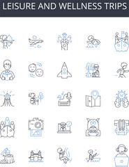 Leisure and wellness trips line icons collection. Adventure tourism, Cultural excursions, Forest walks, Beach holidays, Island getaways, Luxury travel, Food tourism vector and linear Generative AI
