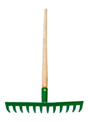 front view of steel rake with tines down with wooden handle isolated on white background