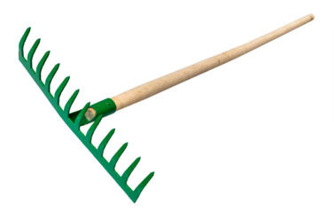 steel rake with tines pointing up with wooden handle isolated on white background