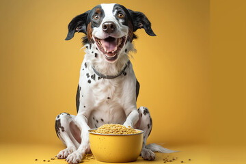 dog with bowl of dog food made with generative ai
