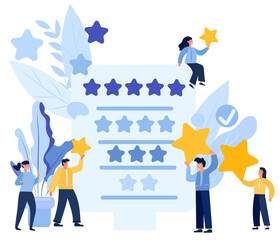 The people characters giving five star feedback represent the importance of customer satisfaction and the role it plays in the success of a business. Reviews stars with good and bad rate. Vector.