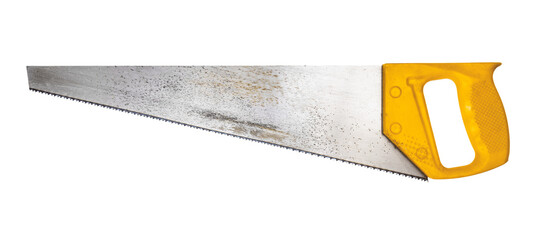 used steel crosscut hand saw with yellow plastic handle isolated on white background