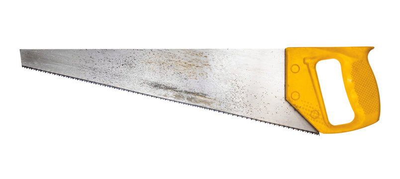 used steel crosscut hand saw with yellow plastic handle isolated on white background