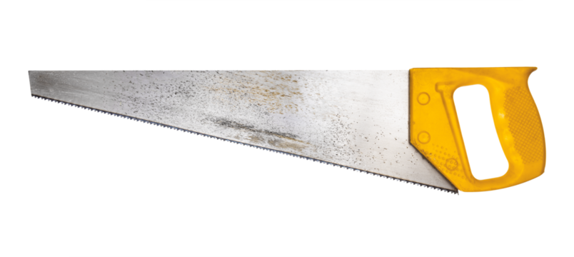 used steel crosscut hand saw with yellow plastic handle isolated on white background
