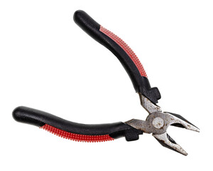 open old pliers with red and black rubber handle isolated on white background