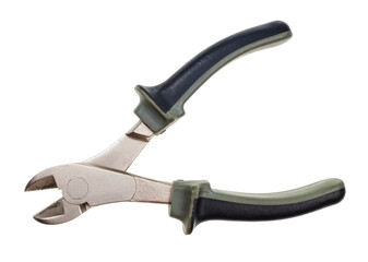 old diagonal cutters with green and black rubber handle isolated on white background