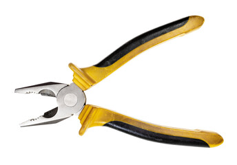 big used open pliers with yellow and black rubber handle isolated on white background