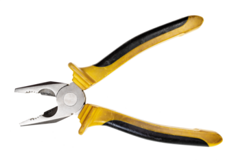 big used open pliers with yellow and black rubber handle isolated on white background