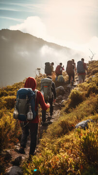 A group of trekkers hiking together. The concept of trekking as a social and group activity