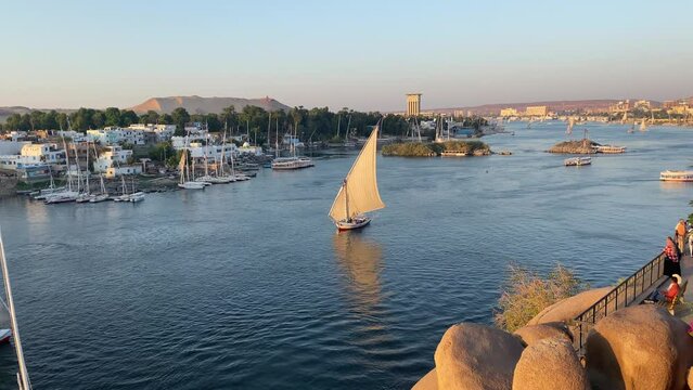 Beautiful landscape with felucca boats on the Nile river in Aswan, Egypt