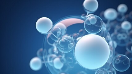 On a blue background, a molecule inside a bubble represents a skin care cosmetics solution. rendering in 3D.The Generative AI
