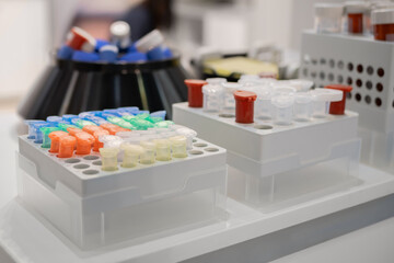 Medical plastic vials in showcase at pharmaceutical exhibition, pharmacy laboratory - close up. Pharma industry, science, medicine, experiment and healthcare concept