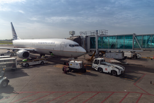 Copa Airlines plane in the Tocumen International Airport boarding area. City of Panama . panama . July 25, 2022.