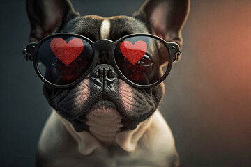 French Bulldog dog wearing heart-shaped sunglasses Generative AI