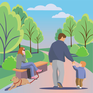 Father and son walking in the park and a sitting lady with a dog