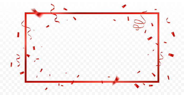 Red Frame And Confetti With Ribbons Falling On Transparent Background. Celebration Event And Birthday. Grand Opening. Vector