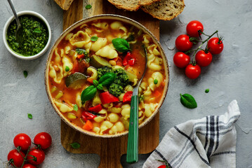 Minestrone soup with pesto.style hugge.selective focus