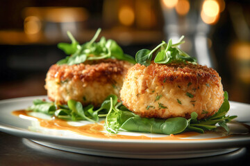 Freshly made deliciious fried crab cakes on a bed of green arugula served on a plate. Traditional food of American cuisine. Whole food balanced diet concept - obrazy, fototapety, plakaty