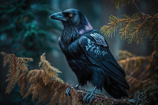 A raven on a tree twig, dark and scary image. Ai generated.