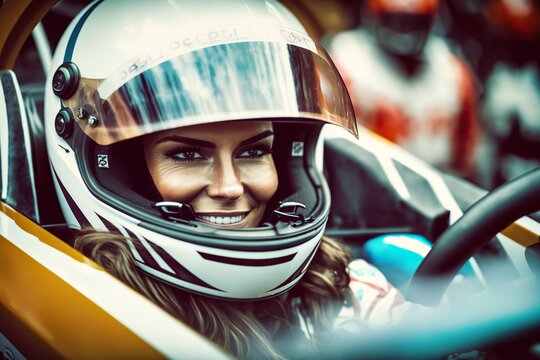 A female race car driver wearing a helmet inside the cockpit. Ai generated.