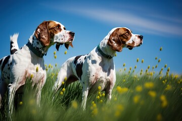 An English Pointer dog, healthy and attentive to prey. Ai generated.
