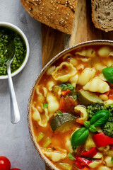 Minestrone soup with pesto.style hugge.selective focus