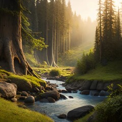 Beautiful forest with river created with Generative AI technology