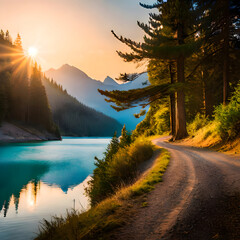 Forest view with river created with Generative AI technology