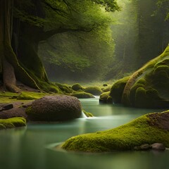 Forest with river created with Generative AI technology